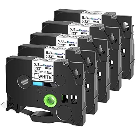 USUPERINK 5 Pack Compatible for Ptouch HSe-211 HSe211 HS-211 HS211 Black on White 5.8mm 0.23'' Heat Shrink Tubing Label Tape for Wire Cable use in PT-D600 P700 P750W P900 Label Printer Cover
