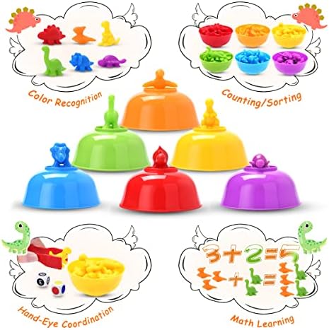 Montessori Toys 58 Pieces, Rainbow Counting Dinosaurs with Color Matching Sorting Cups, Dices and Tweezers, Math Skills Game Educational Sorting Toys & Gifts for 2 3 4 Toddlers