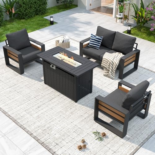 Aoxun Aluminum Patio Furniture Set with Fire Pit Table, 4 Piece Luxury Outdoor Sectional with 6' Olefin Fabric Cushions, Patio Conversation Sets with Waterproof Cover for Backyard, Porch Dark Grey