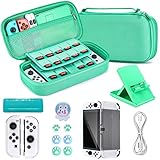 【16 in 1 Switch OLED Zubehör Bundle】Dieses Zubehör-Set für Switch OLED beinhaltet: 1 x Switch OLED Tragetasche, 2 x Bildschirmschutz aus gehärtetem Glas, 1 x Kristallgehäuse für Switch OLED Konsole, 2 x Schutzhüllen für J-Con, 1 x Verstellbarer Switch Ständer, 1 x Game Card Case, 6 x Daumenkappen, 1 x Typ C Kabel, 1 Aufkleber. Es erfüllt alle Ihre grundlegenden Bedürfnisse für Switch OLED-Zubehör.
