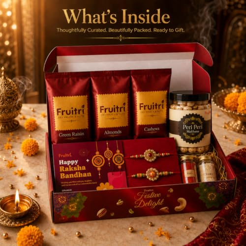 Image of Fruitri Premium Rakhi Gift Hamper for Brother with Almonds, Cashews, Green Raisins 100g each & Peri Peri Makhana, 2 Rakhis, Roli Chawal & Greeting Card