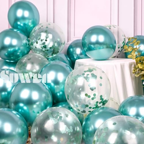 Image of SUWEN Metallic Green and Confetti Balloons Set 47PCS Latex Metallic Teal | Helium Balloon for Birthday Anniversary Party Decorations