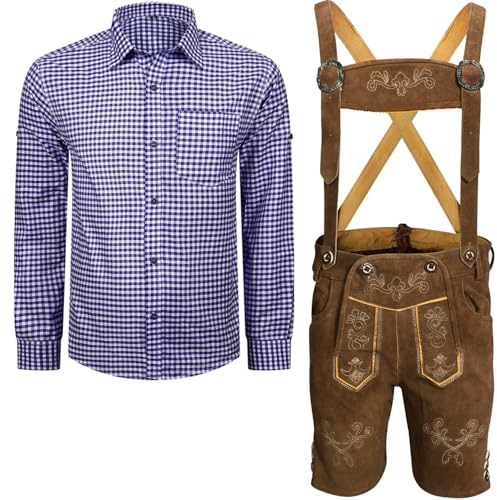 ALL THE GOOD Herren Trachten Set Lederhose mit Trägern + Trachten Hemd Bayerische Oktoberfest (Hose + Hemd) BKB02 (Lederhose 56 + Hemd XL)