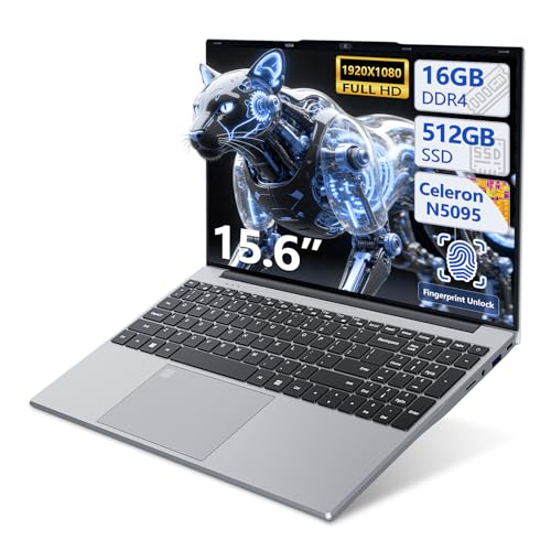 PC Portátil Win 11, 15.6 Pulgadas Ordenador Portatil 16GB LPDDR4 RAM 512GB SSD, Celeron N5095 CPU, Desbloqueo Huellas Dactilares/Teclado Retroiluminado, 180° Flip IPS Pantalla, Webcam+BT4.2+USB3.0