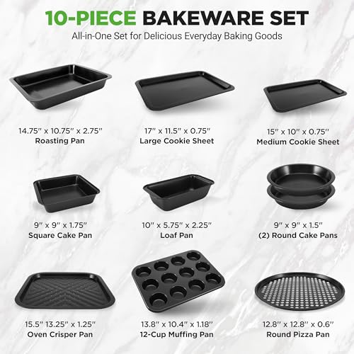 Image of NutriChef 10-Piece Non-Stick Baking Set - Heavy-Duty Carbon Steel Bakeware Set w / Cookie Sheets, Muffin Pan, Roasting Pan, Cake Pan, Baking Tray, Pizza Pan - Effortless Food Release & Easy Cleanup