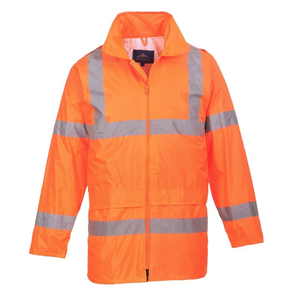 Portwest H440 Waterproof Hi Vis Rain Jacket Mens Reflective Protective Wear Lightweight Hooded Work Coat Breathable Safety Jacket Bio Motion Tape Two Lower Pockets, Orange, XS