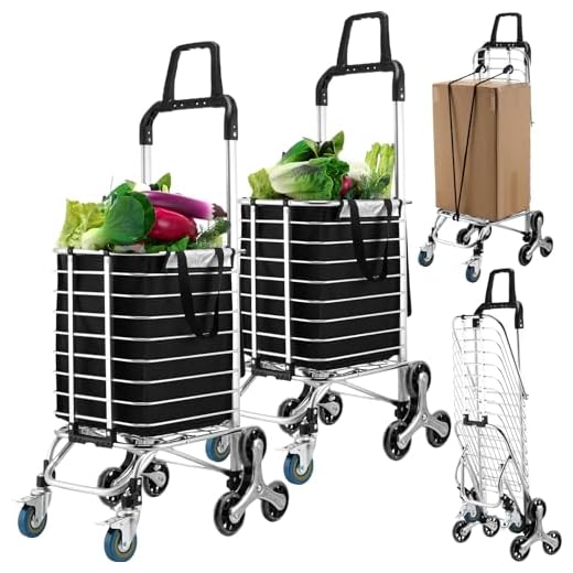 Datanly 2 Pack Folding Stair Climbing Grocery Carts on 8 Wheels Portable Shopping Cart Dual Purpose with Upgraded Insulated Bag, Elastic Rope, Brakes for Grocery Camping Gardening