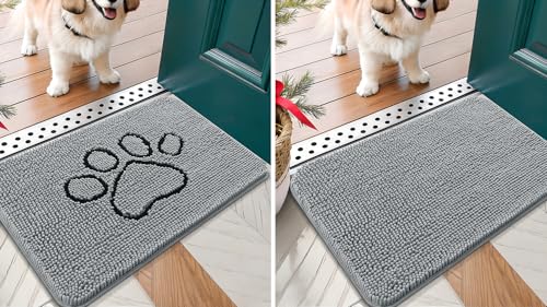 Image of OLANLY Solid Color Chenille Dog Door Mat and Paw Print Dog Doormat, Solid Color Mat Size 24x16 in Grey，Paw Print mat Size 24x16 in Grey, 2 Item Bundle