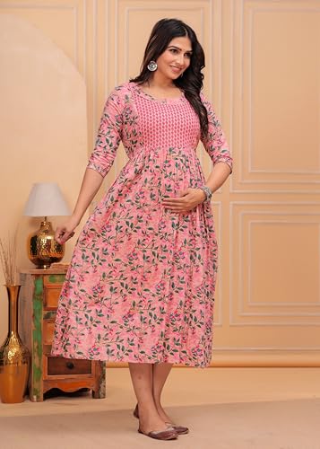 Image of Women's Feeding Kurta Cotton | Floral Anarkali Pregnancy Kurta with Nursing Zipper | Pre & Post Partum | Maternity Dresses | Mom to Be Gift
