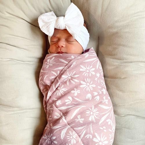 Image of LifeTree Swaddle Blankets Baby Girl, 2-Pack Super Soft 70% Viscose Bamboo and 30% Cotton Muslin Swaddles Blankets (Large 47 inch x 47 inch), Mauve Floral & Blush Leopard Pattern, Newborn Baby Registry