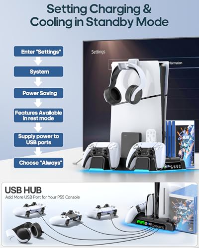 Image of PS5 /Slim /Pro Stand and Cooling Station with LED Controller Charging Station for PlayStation 5 Console, Controller Charger, Cooling Stand, PS5 /Slim /Pro Accessories Kit with 3 Level Cooling Fan - Black