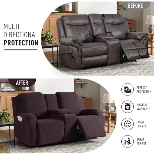 Image of KinCam Loveseat Recliner Covers with Middle Console Slipcover, Recliner Sofa Covers 2 Seat Couch Cover Stripe Jacquard Furniture Protector Covers with Elastic Bottom for Kids, Pets (Dark Coffee)