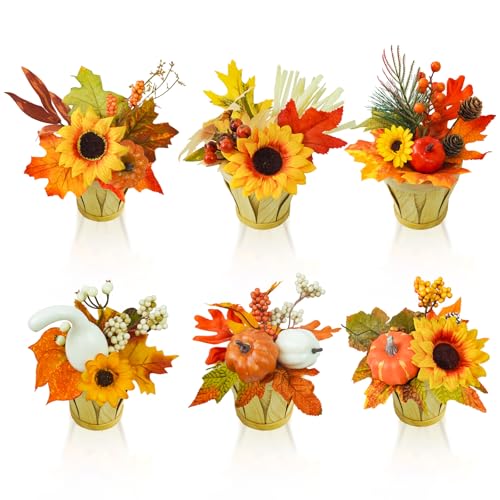 TORONTOKYO 6 Pieces Artificial Fall Potted Flowers, Small Fall Fake