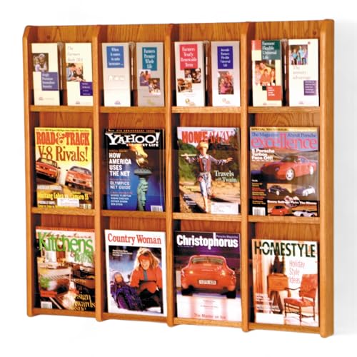Wooden Mallet 12-Magazine/24-Brochure Divulge Wall Display with Brochure Inserts, Medium Oak