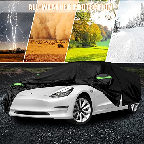 Image of Waterproof Car Cover Replace for 2017-2025 Tesla Model 3, 6 Layers All Weather Custom-fit Car Cover with Zipper Door & Windproof Bands for Snow Rain Dust Hail Protection