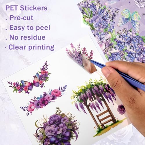 Image of HASTHIP 30-Page Purple Floral Sticker Book with Die Cut PET Waterproof Flower & Butterfly Stickers for Journaling, Scrapbooking, Garden Aesthetic Crafts, Planners, Bullet Diaries & DIY Art Projects