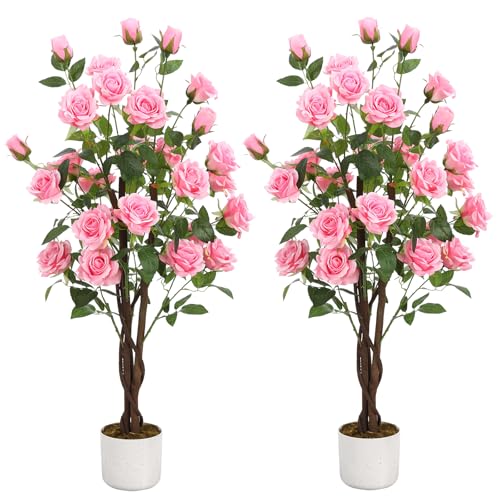GarveeLife 2 Stück Künstlicher Rosenblütenbaum, Rosa/Weiß, Deko Rosenpflanzen Für Drinnen Und Draußen, 75/80/90/105/120/150Cm Hoch, Künstlicher Baum Mit Natürlichem Holzstamm Und Lebensechten Blumen f
