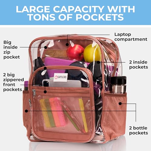 Image of SHYLERO Clear Backpack Heavy Duty has TSA Lock, 2-WAY Zipper. PVC Transparent Backpack Is Extra Large - H18''xW14''xD8 - Brown