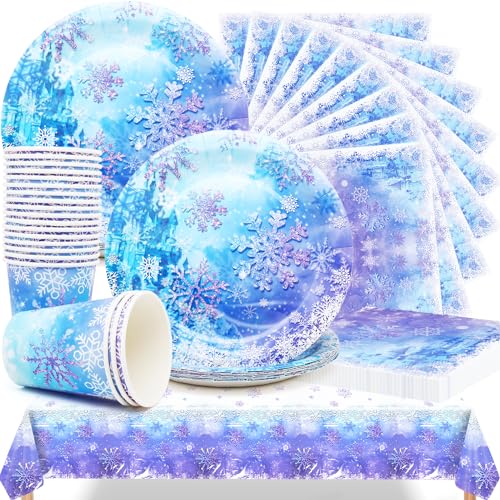Vaisselle de Fête à Flocon de Neige, Fournitures de fête Frozen inclure 20 Assiette à Dessert, 20 Tasses, 20 Serviettes et 1 Nappes pour Anniversaire fête...