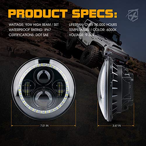Xprite Led Headlights W/ Hi&Lo Beam And Turn Signal Light, Drl Halo Ring Headlamp Compatible With Jeep Wrangler Jk Tj Lj 1997-2018, 90W Led Chip #TOP6
