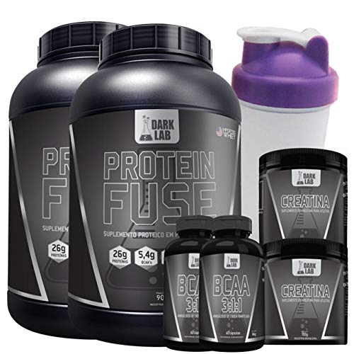 Combo 2x Protein Fuse Choc/Choc + 2x Bcaa 60 Caps + 2x Creatina 100g+ Coqueteleira Roxa Dark Lab