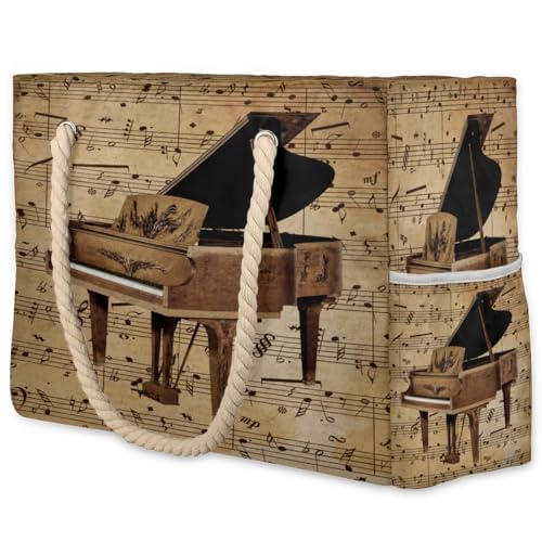 Vintage Piano Music Note Large Beach Bag Waterproof Beach Bag for Women Oversized Sandproof Beach Tote Bag with Zipper for Gym Travel Daily Pool Bag Big Tote