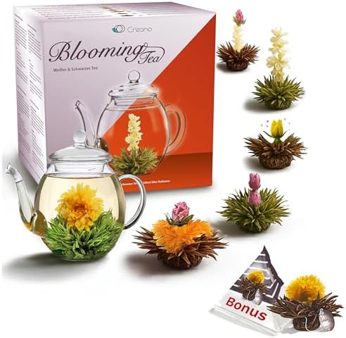 Creano Teeblumen Geschenkset - Erblühtee mit 500ml Glaskanne & 6x schwarzer & weißer Tee + 1x Teelini Schwarztee Bonuskugel - 8 teilig