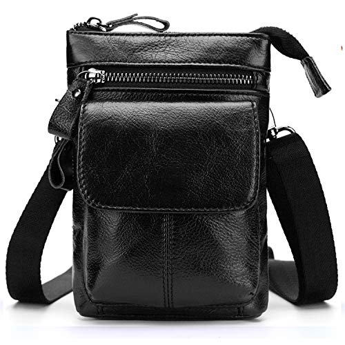 SDINAZ Hüfttaschen Herren Umhängetasche Gürteltasche Bauchtasche, mit Aluminiumkarabiner Multifunktional Outdoorsport Messenger Tasche Wasserdicht Leder DE952 Schwarz