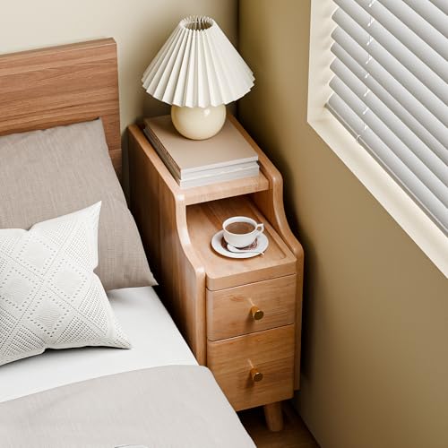 Image of Narrow Nightstand Set of 2, 19.7 inch H Pre-Assembled Solid Wood Small Skinny Night Stand with Drawers, Open Sliding Shelf, Mid Century Modern Slim Bedside Table for Bedroom, Natural Oak,8 inch