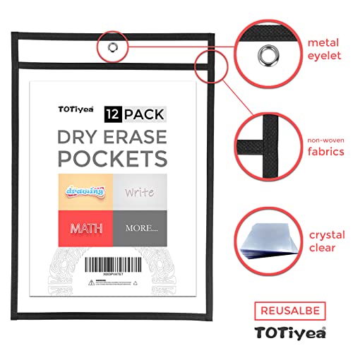 Totiyea 12 Pack Dry Erase Pockets, Reusable Plastic Sleeves, Shop Holder Order Pockets, Job Ticket Holder, Heavy Duty, Teacher Supplies For Classroom Organization (12P, 0.3Mm, 9 X 12 Inches, Black) #TOP2