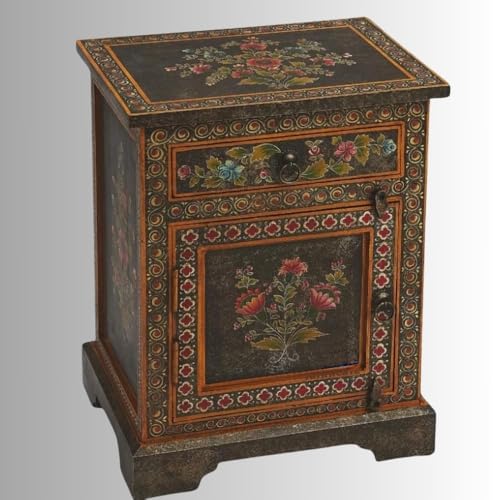 Image of Wooden Bedside Table for Bedroom with Drawer | Solid Wood Handcrafted Bed Side Table with Drawers | Side Table for Living Room | Decorative Chest of Drawer for Home Decor (Handpainted)