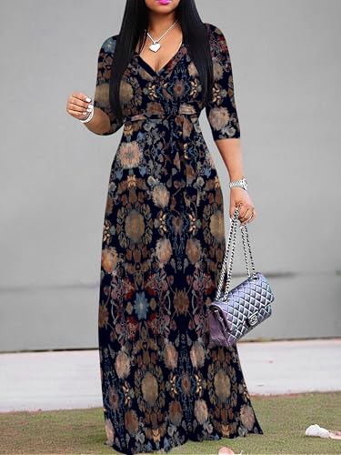 Image of Women's V Neck Floral Maxi Dress 3 /4 Sleeve Plus Size Boho Wrap Flowy Long Dresses with Belt