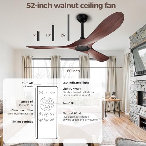 Image of Obabala 52 Inch Ceiling Fan Without Lights, Walnut Finish | Outdoor Ceiling Fan with Remote, 6-Speed Adjustable Reversible DC Motor for Patio & Living Room