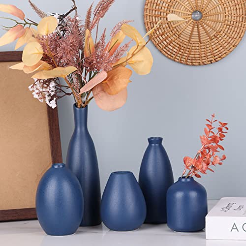 Blue Ceramic Vase - Set of 5 Blue Bud Vases, Modern Farmhouse Navy Blue Decorative Vases for Home, Office, Living Room, Table Decor - Ideal Centerpieces for Flowers, Shelf and Fireplace Accents