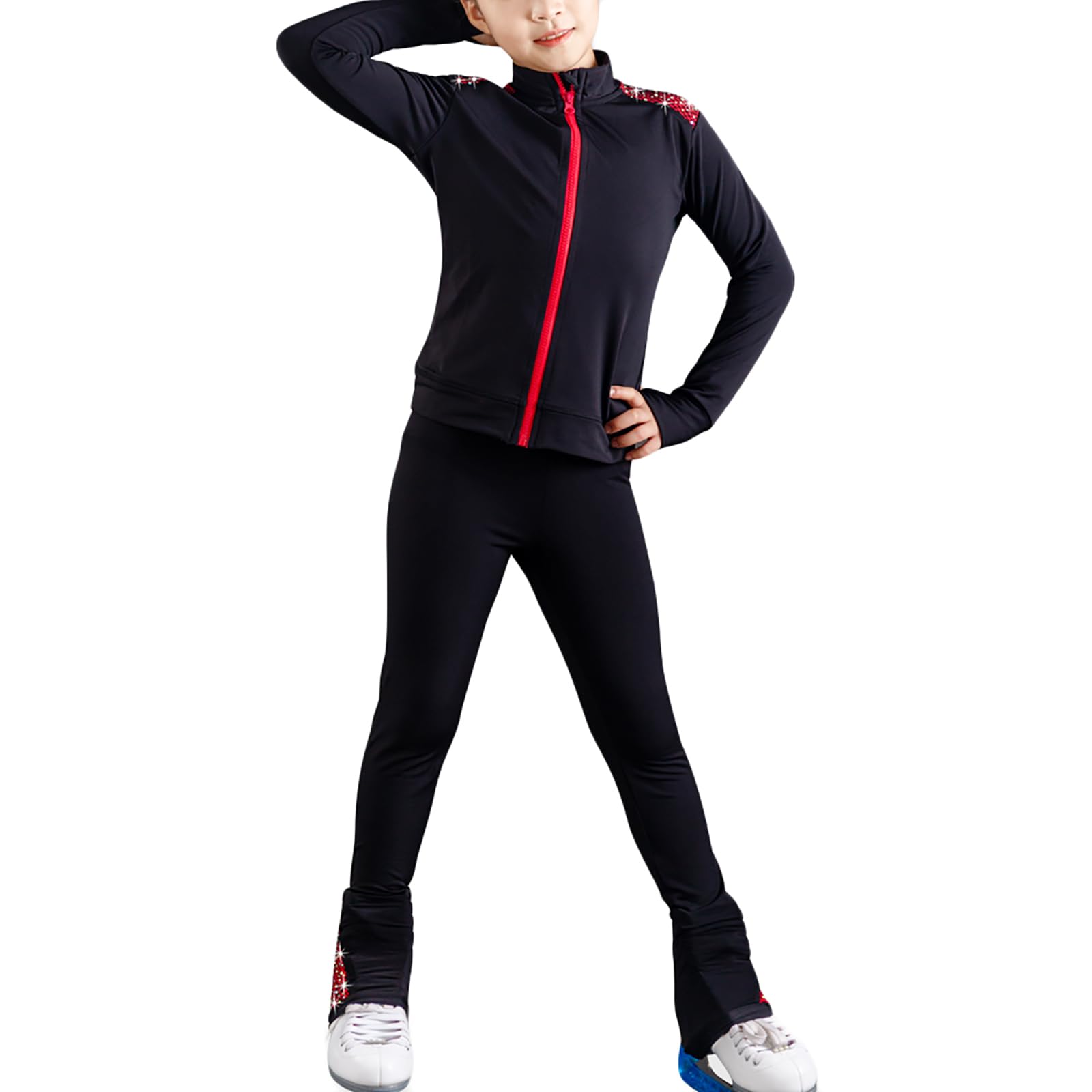 Chaqueta de Patinaje Artístico con Pantalones Conjunto de Chaqueta y Pantalón de Patinaje Artístico para Mujer con Pedrería(Size:L,Color:B)