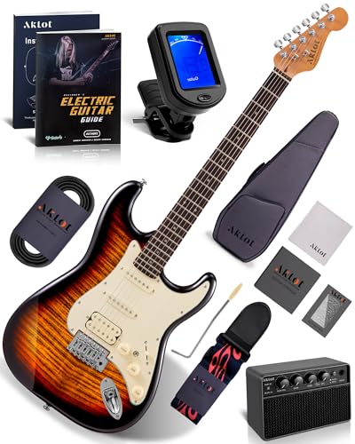 AKLOT Stryde Electric Guitar with Coil-Split: Roasted Maple Neck, Flame Maple Top, HSS Ceramic Pickups, Beginner Guitar Kit with 10W Amp, Gig Bag, Strap, Picks, Lesson Book, Inferno Burst