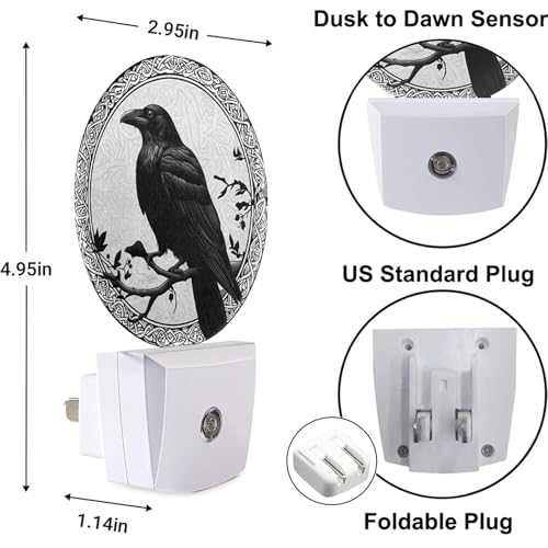 Image of Black Crow on Oak Tree Branch Night Lights Plug into Wall Halloween Night Light Dusk to Dawn Sensor for Bedroom Living Room, LED Lighting 0.5W Sleep Friendly
