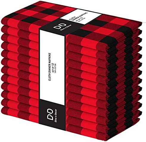Dine n Decor Buffalo Plaid Cloth Napkins 100% Cotton - Ideal for Events Wedding Christmas Easter - Perfect Everyday Use Cloth Napkins 18x18 - Set of 12 Gingham Check Napkins- Red Black