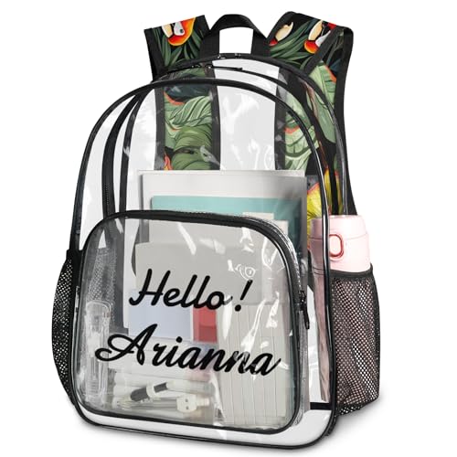 Tropical Bird Parrot Personalized Small Clear Backpack Heavy Duty for Stadium Approved Custom Green Palm Leaves Floral PVC Transparent Backpack with Name See Through Bag for Concerts
