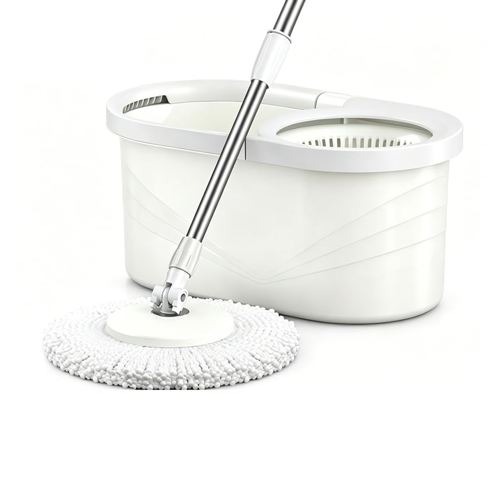 Juego de fregona y Cubo giratorios para el hogar, fregona giratoria de 360° y Cesta escurridora Interior Desmontable, 2 recambios de Cabezal de Microfibra para