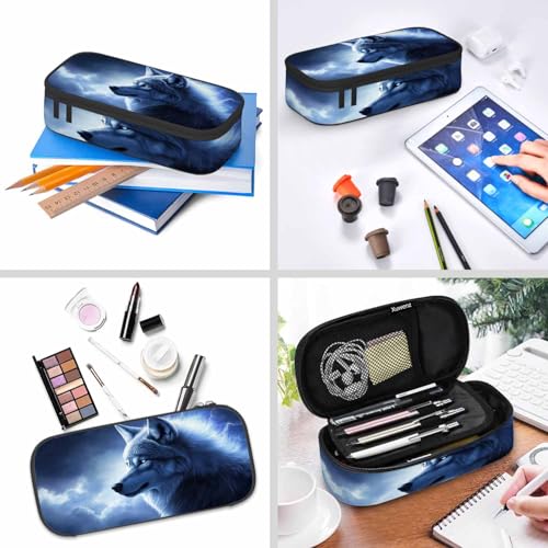 Image of Blue Wolf Pencil Case Organizer Lightning Galaxy Starry Beast Wolf Animal Stationery Box Makeup Box School Supply for Boy Girl Men Women