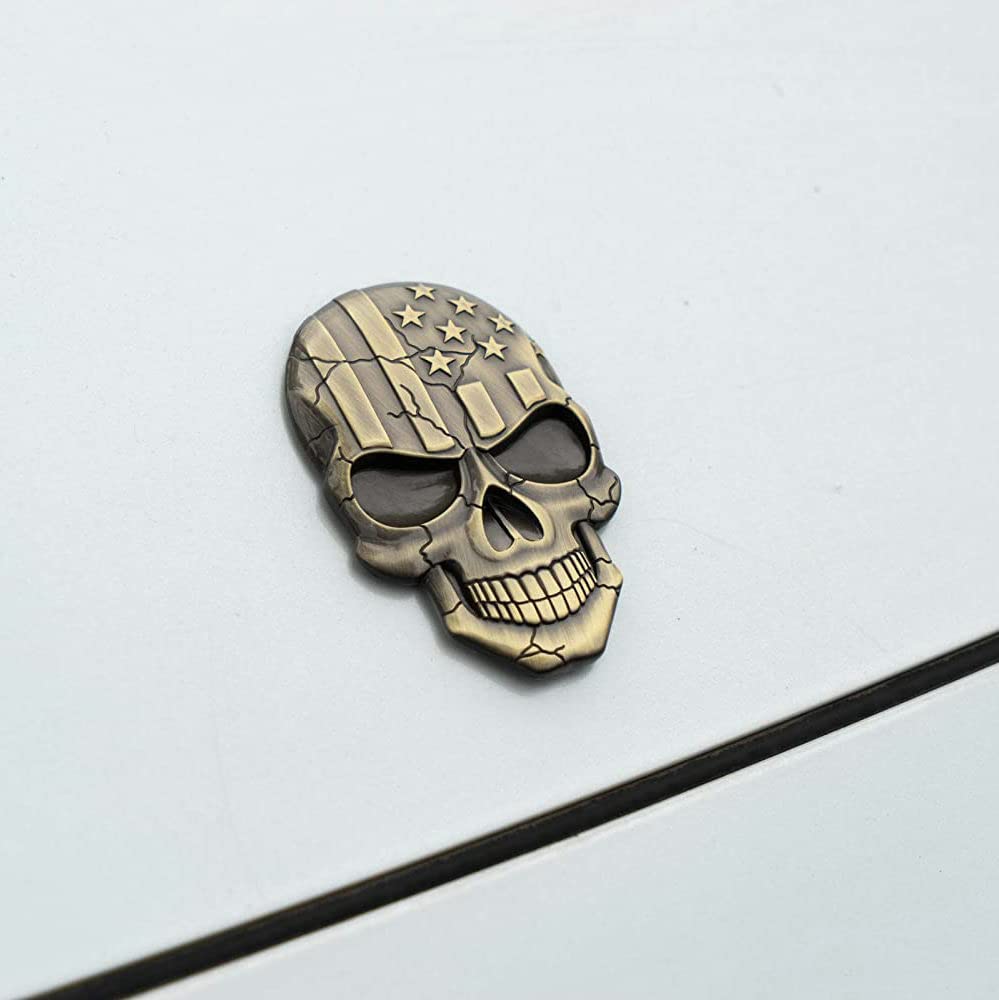 Metal 3D Bronze American Flag Skull Trunk Emblem – Badge Decal For Car Or Van