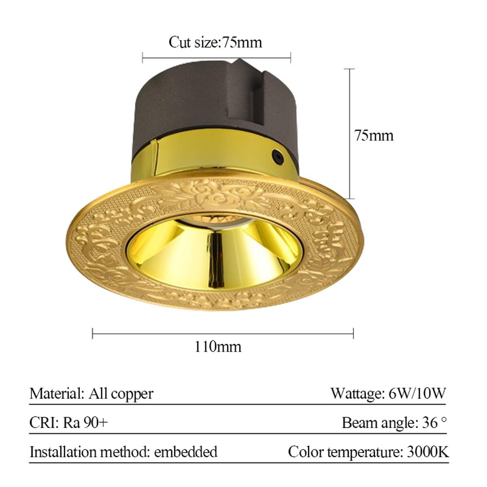 Paquete de 3 Luces empotrables LED, ángulo Ajustable, Totalmente de Cobre, Foco empotrable Vintage de 6 W/10 W para el hogar, luz de Techo LED sin deslumbramiento con Estructura de Panal