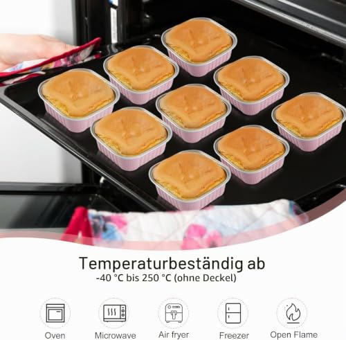 KAHEIGN 50Pcs Mini-Kuchen Förmchen Backförmchen aus Aluminiumfolie, 150ml Quadratische Backformen Kuchenförmchen mit Deckel… – Ansicht 3
