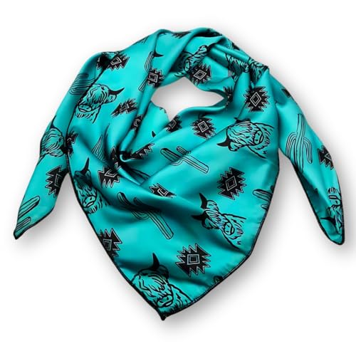 Wild Rag Silk Scarf 36'', Western Cowboy Bandana Square Silky Wild Rags,Turquoise &Black Cactus Highlander Tibal Scarves for Men & Women