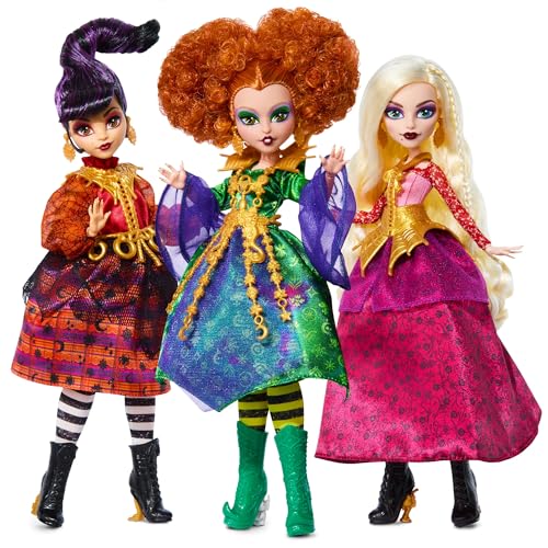 Monster High Skullector Hocus Pocus Dolls - Winifred, Mary, Sarah y Binx Juego coleccionable con figuras articuladas, vestidos de bruja, accesorios y embalaje listo para exhibir