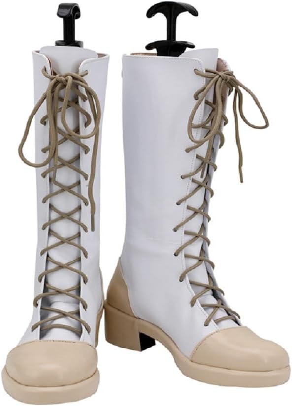White & Beige Lace-Up Knee-High Anime Cosplay Shoes Women Adult Role Play Footwear for Comic Con & Halloween Costumes