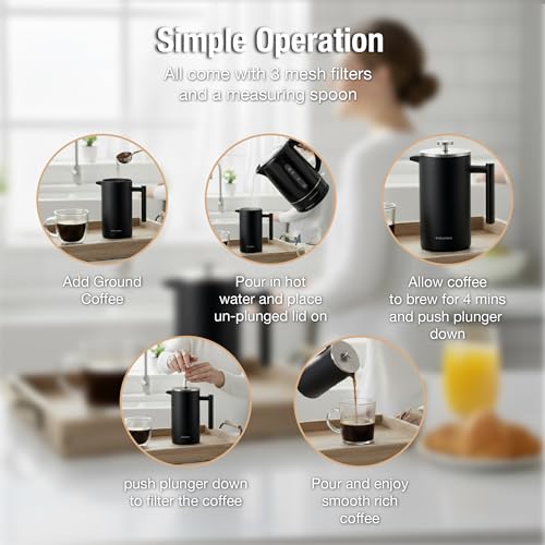 Image of andrew james Double Walled Stainless Steel Cafetiere Gift Set With 3 Mesh Filters, Coffee Measuring Spoon And Bag Sealing Clip, Delicious French Press Coffee, Easy to Clean (Matt Black, 350ml)