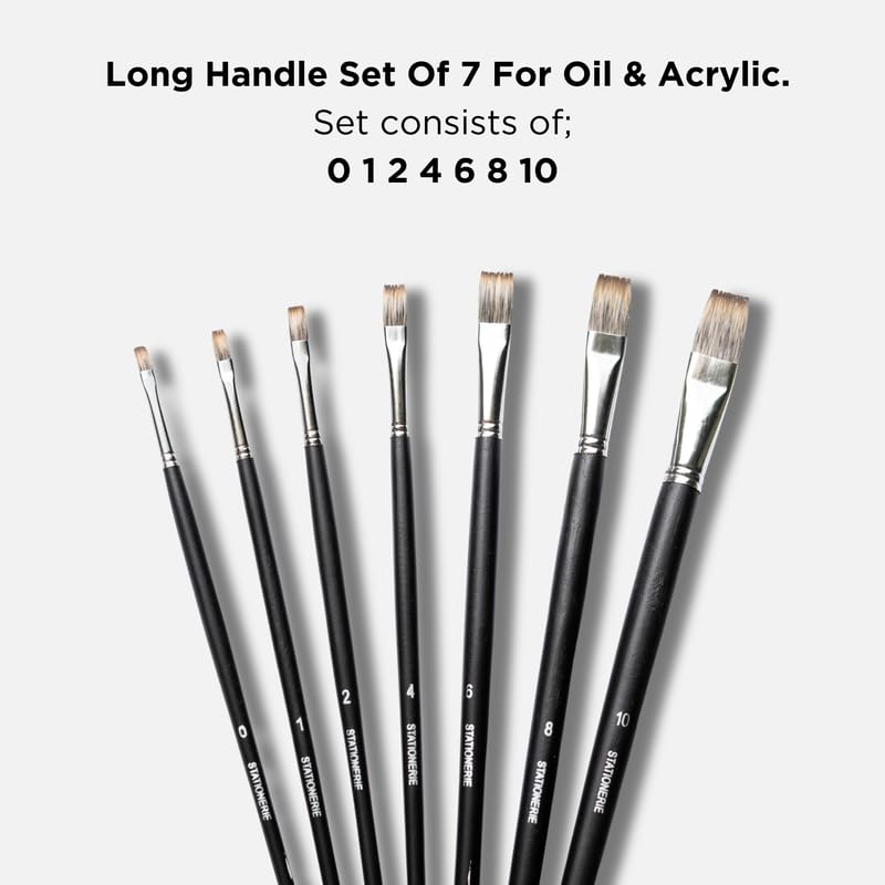 Image of Stationerie Flat Long Paint Brushes Set /Handmade Professional Artist Long Handle Painting Brush Set for Acrylic, Watercolor, & Gouache Painting (7 Flat Brushes)(Matt Black)