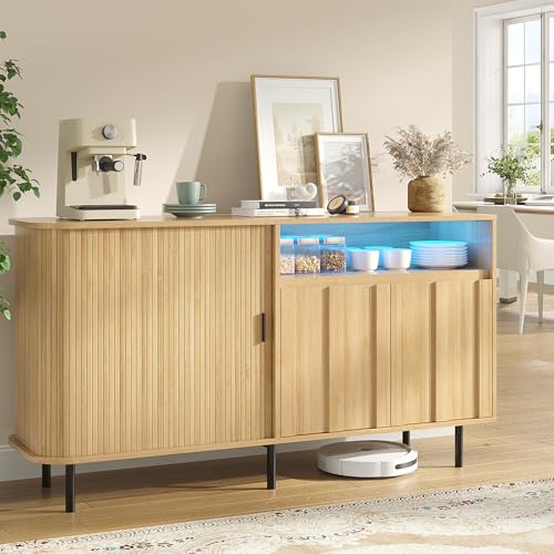 55' Modern Buffet Cabinet with Sliding Doors, Wooden Storage Sideboard with LED Light, Adjustable...